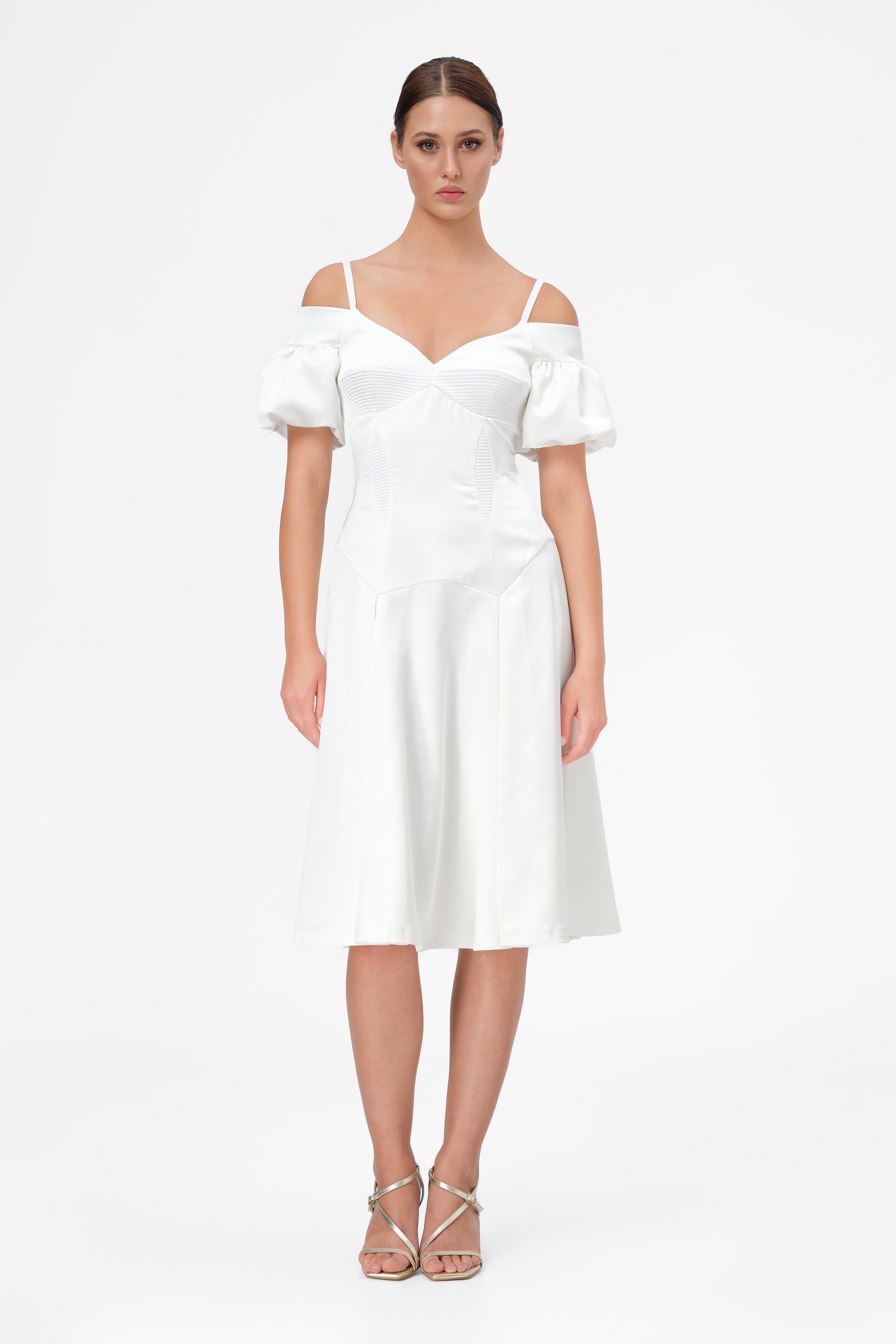 Rochie alba din satin cu maneci bufante Haze