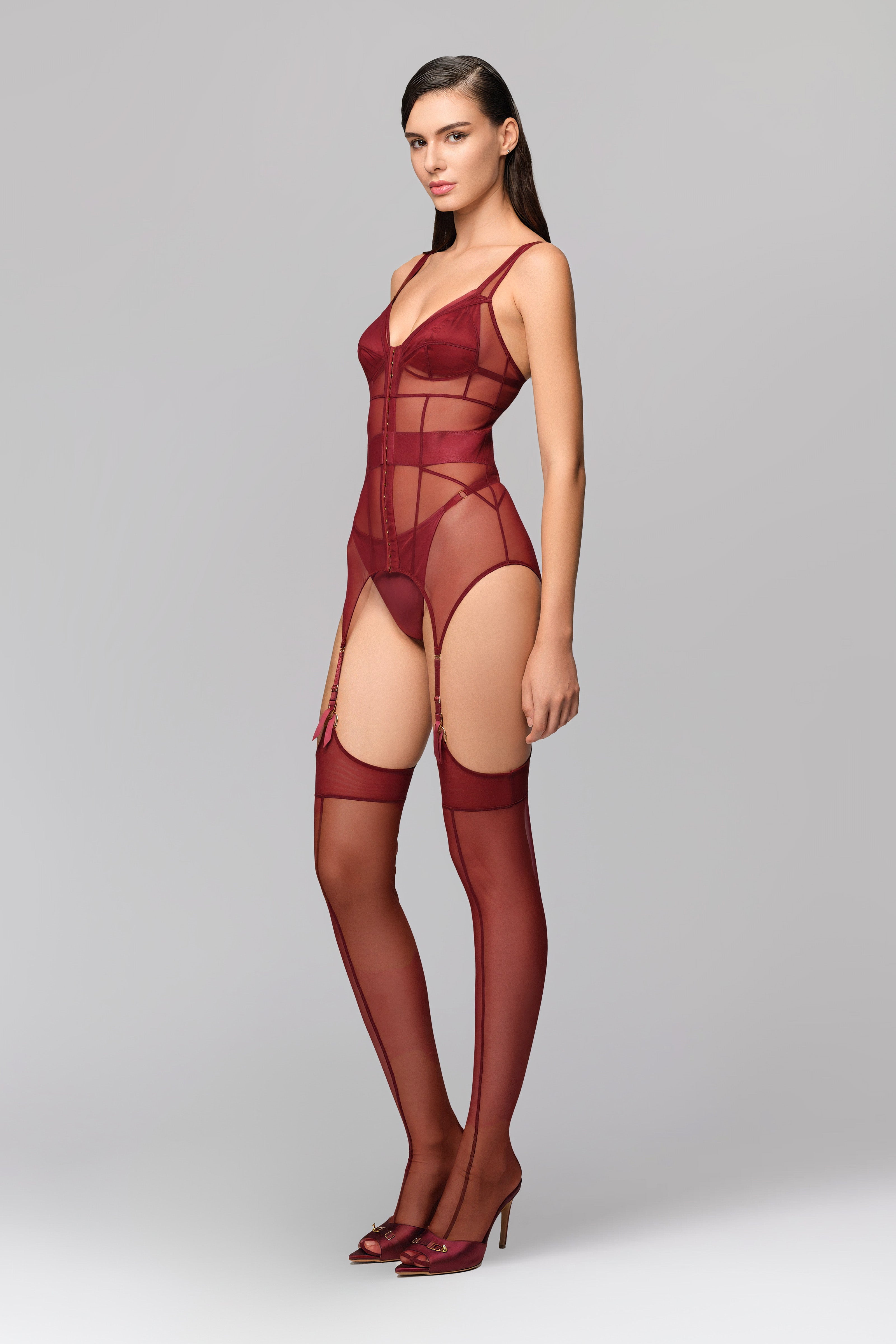 Hold-Up Mesh Stockings Dark Red