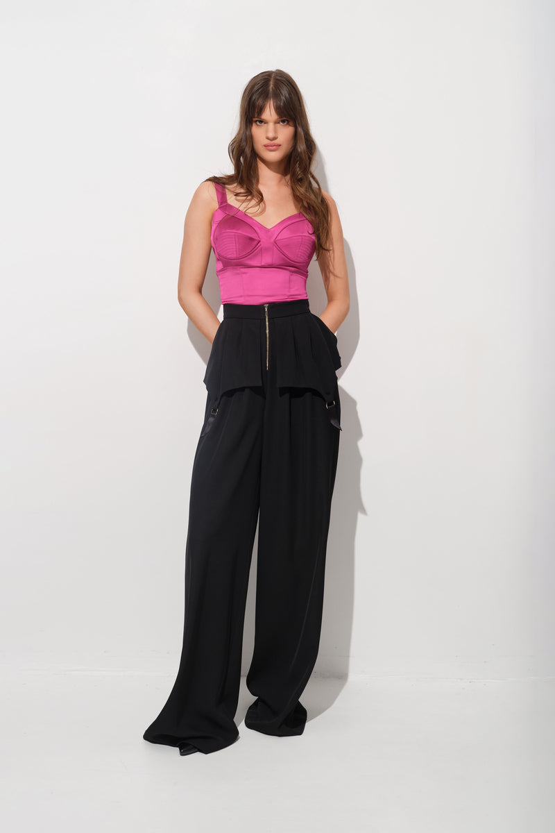 Corset roz intens din satin cu cupe si insiretare Sculpt