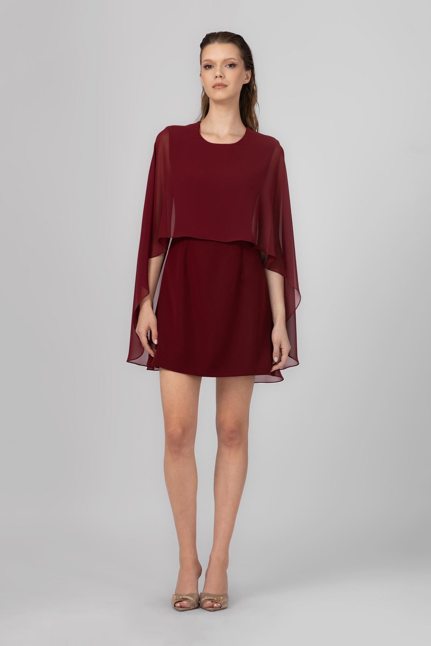Rochie roșu burgund midi cu capă Veil